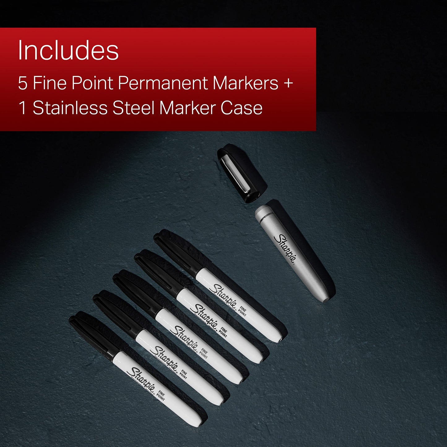 Sharpie Permanent Markers with Stainless Steel Marker Case Fine Point Black 6 Count