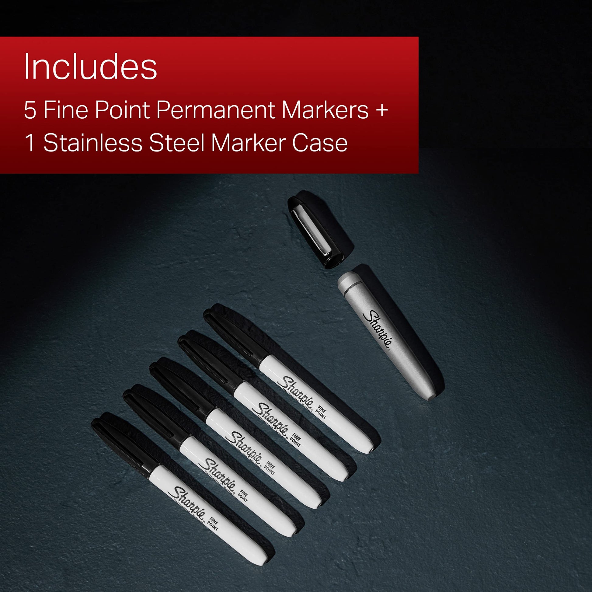 Sharpie Permanent Markers with Stainless Steel Marker Case Fine Point Black 6 Count