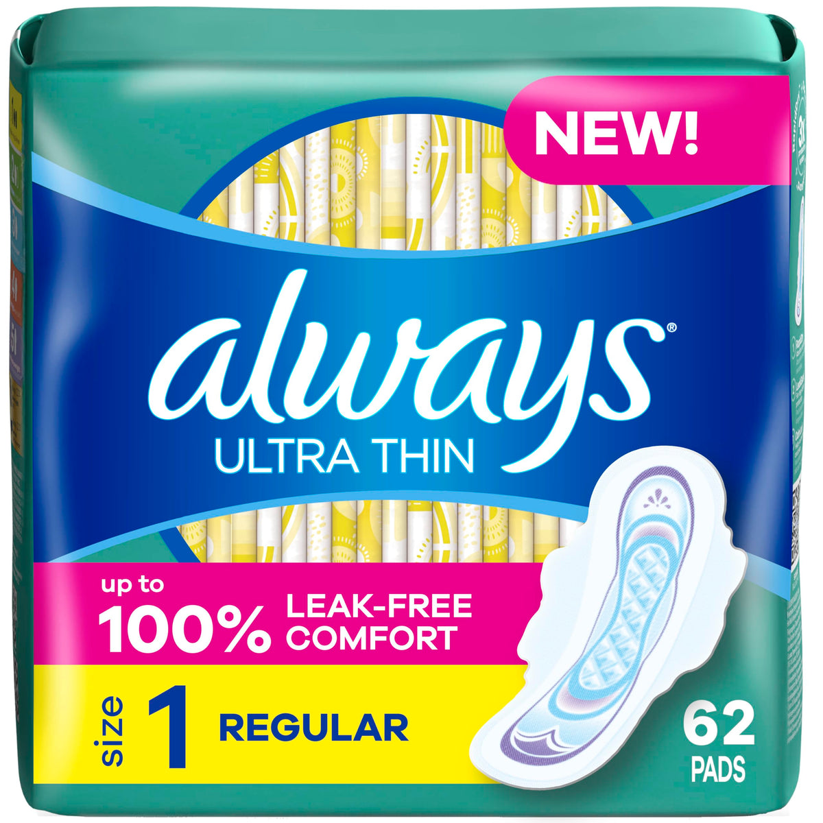Always Ultra Thin Pads with Wings, Size 1, Regular, 62 Count