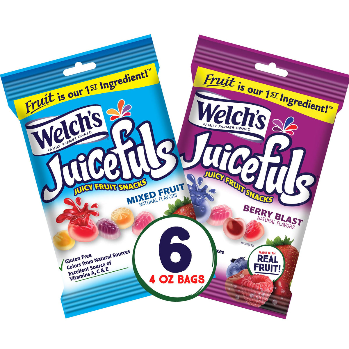 Welch's Juicefuls Juicy Fruit Snacks, Mixed Fruit & Berry Blast Fruit Gushers Variety Pack, Perfect for School Lunches, Gluten Free, 4 oz Sharing Size Bags (Pack of 6)