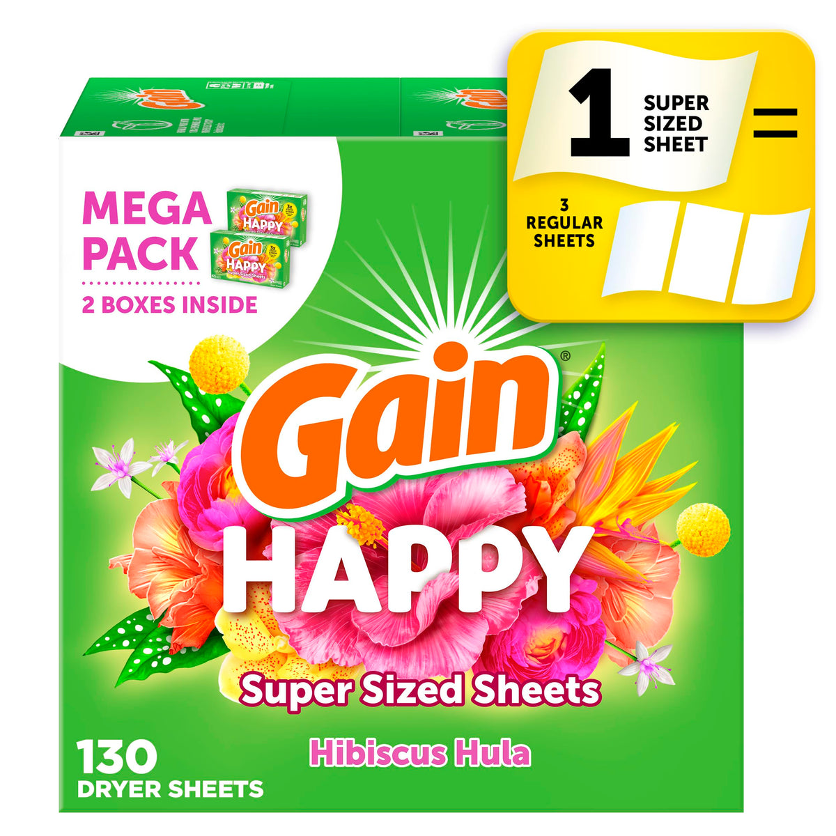 Gain Super Sized Dryer Sheets, Laundry Fabric Softener, Happy, 130 Count