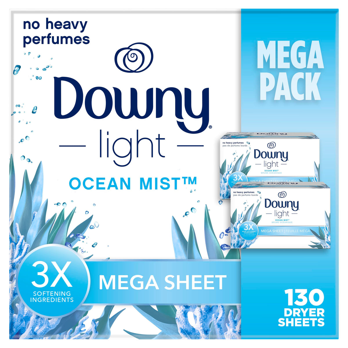 Downy Light Mega Dryer Sheets, Fabric Softener Dryer Sheets, Ocean Mist, 130 Count