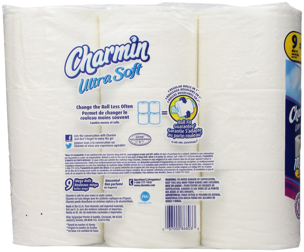 Charmin Ultra Soft Toilet Paper 9 Mega Rolls = 36 Regular Rolls