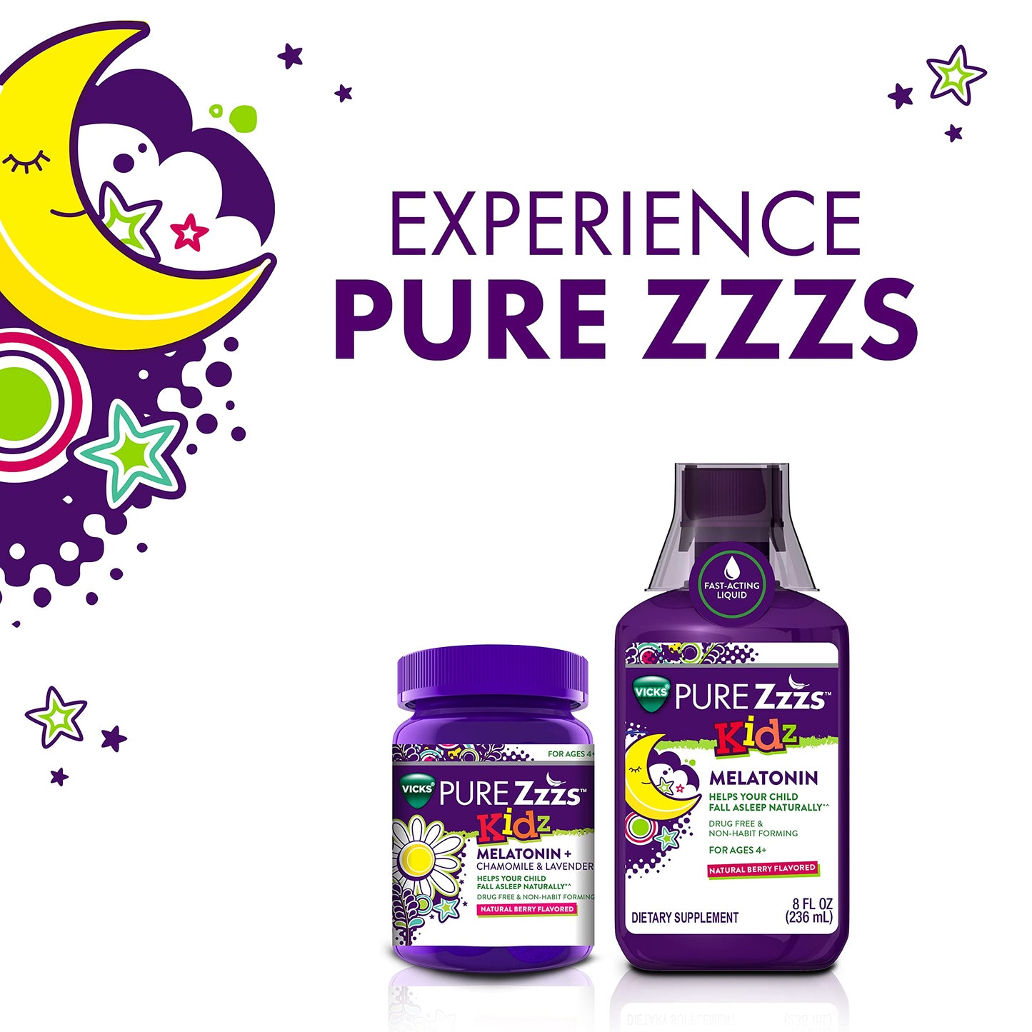 VICKS PURE Zzzs Kidz, Melatonin Sleep Aid Gummies for Kids and Children, Helps Your Child Fall Asleep Naturally, Low Dose Melatonin, 48 Gummies