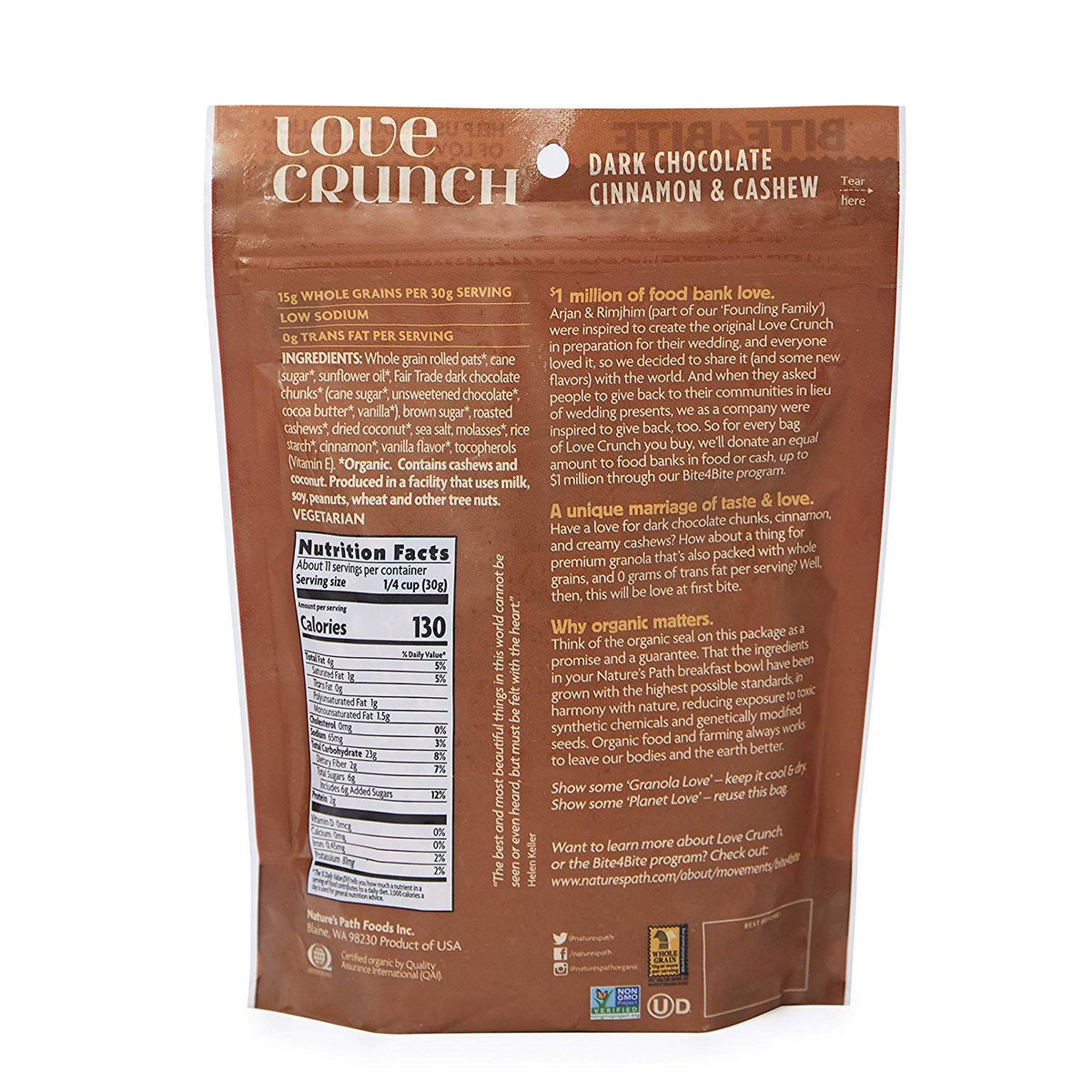 Love Crunch Organic Dark Chocolate Cinnamon and Cashew Granola, 11.5 Ounce (Pack of 6), Non-GMO, Fair Trade, by Nature's Path