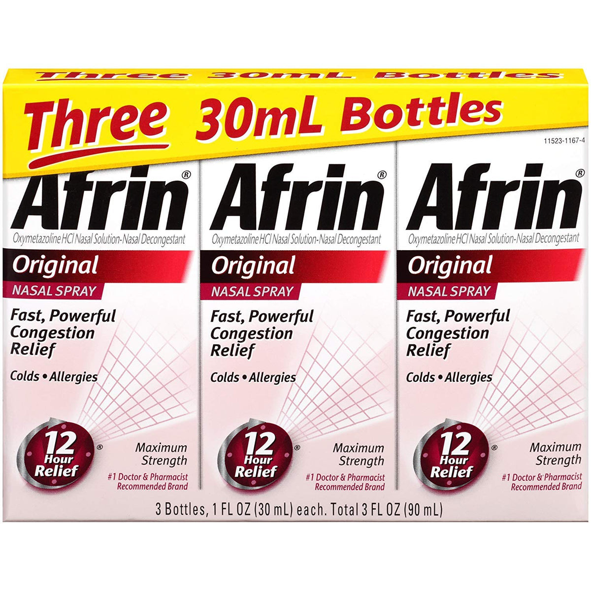 Afrin Original Maximum Strength 12 Hour Nasal Congestion Relief Spray - 3 bottles, 1 FL OZ (30mL) each. Total 3 FL OZ (90 mL)