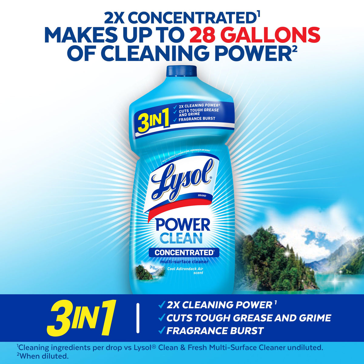 Lysol Power Clean Multi-Surface Cleaner, 2x Concentrated Pour, Cool Adirondack scent, 28 Fl Oz