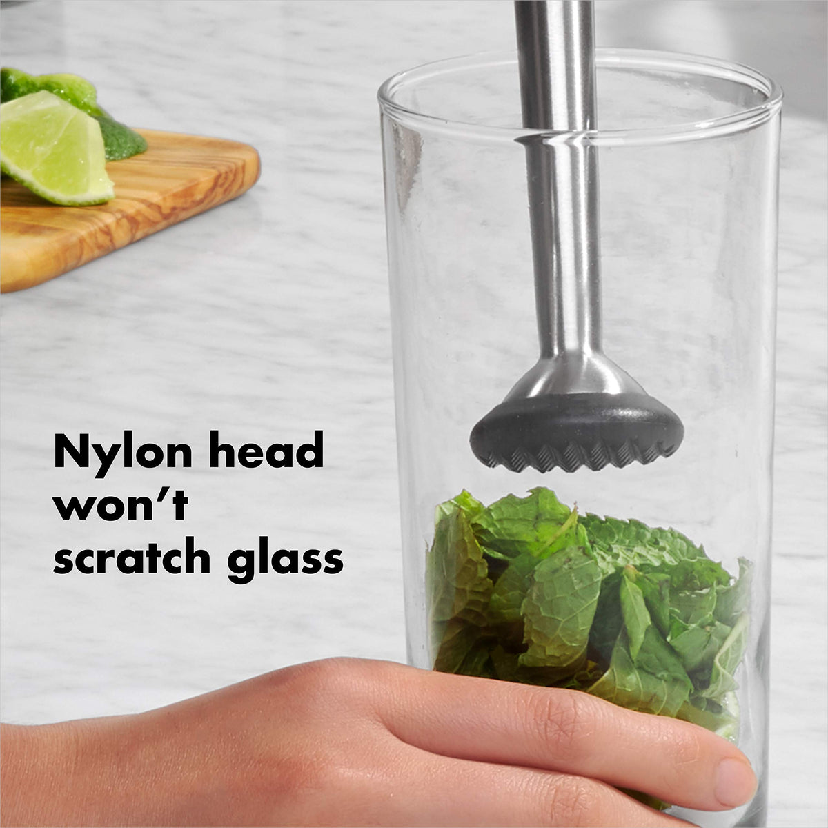OXO SteeL Muddler with Non-Scratch Nylon Head and Soft Non-Slip Grip, Silver, 9-Inch