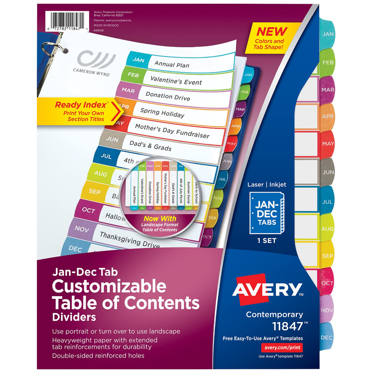 Avery Jan-Dec Customizable Table of Contents Dividers for 3 Ring Binders, 12-Tab Set, Multicolor, 1 Set (11847)