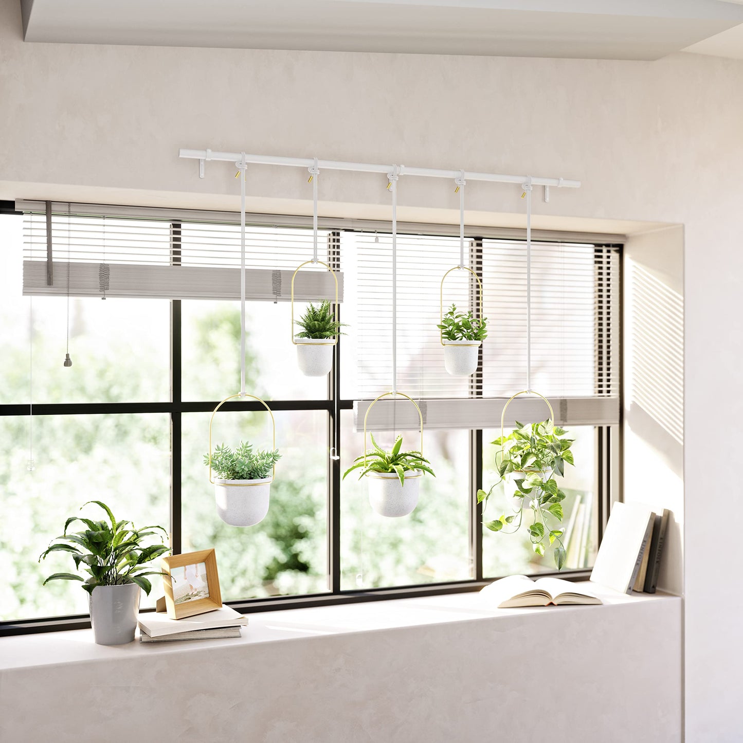 Umbra Triflora Hanging Planter for Window, Indoor Herb Garden, Set of 5, White/Brass