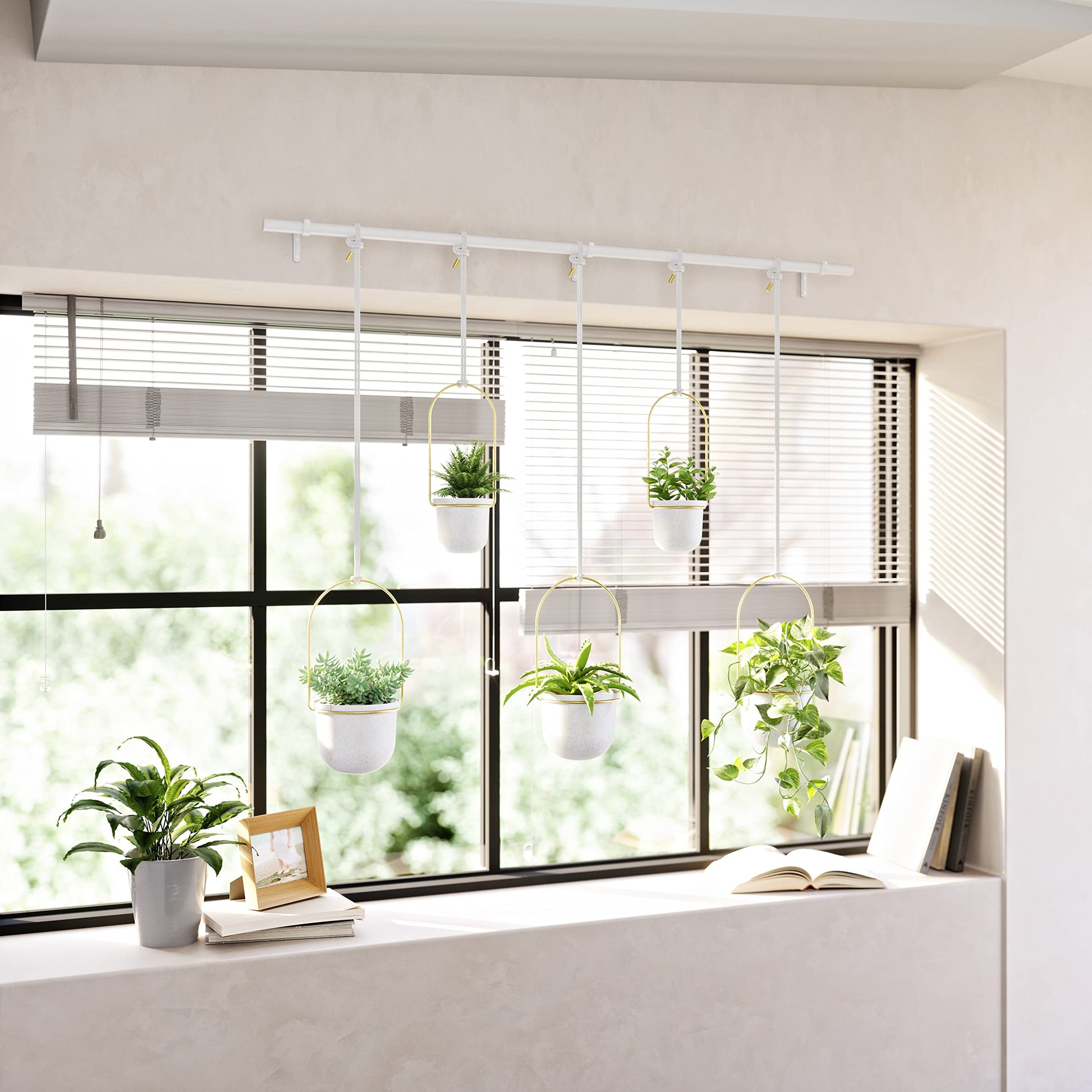 Umbra Triflora Hanging Planter for Window, Indoor Herb Garden, Set of 5, White/Brass