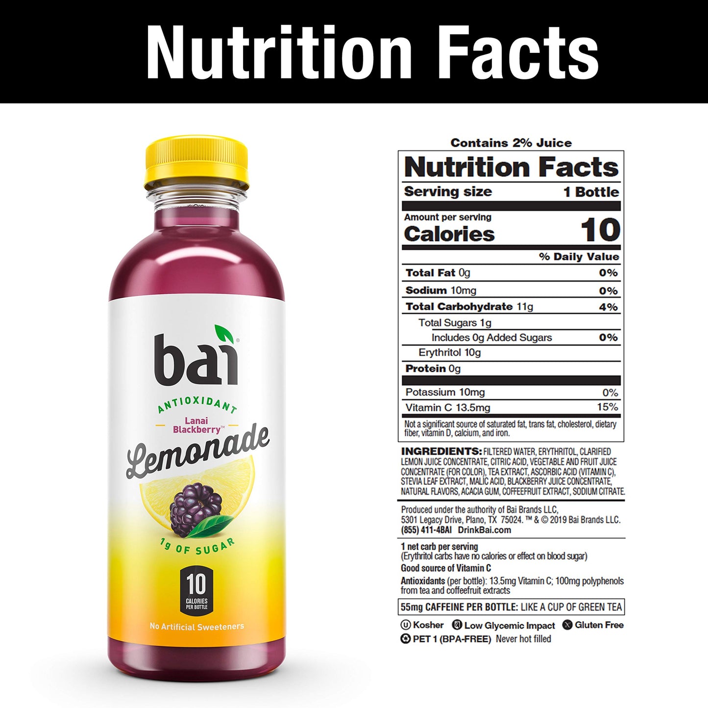 Bai Flavored Water, Lanai Blackberry Lemonade, Antioxidant Infused Drinks, 18 Fluid Ounce Bottles, 12 Count