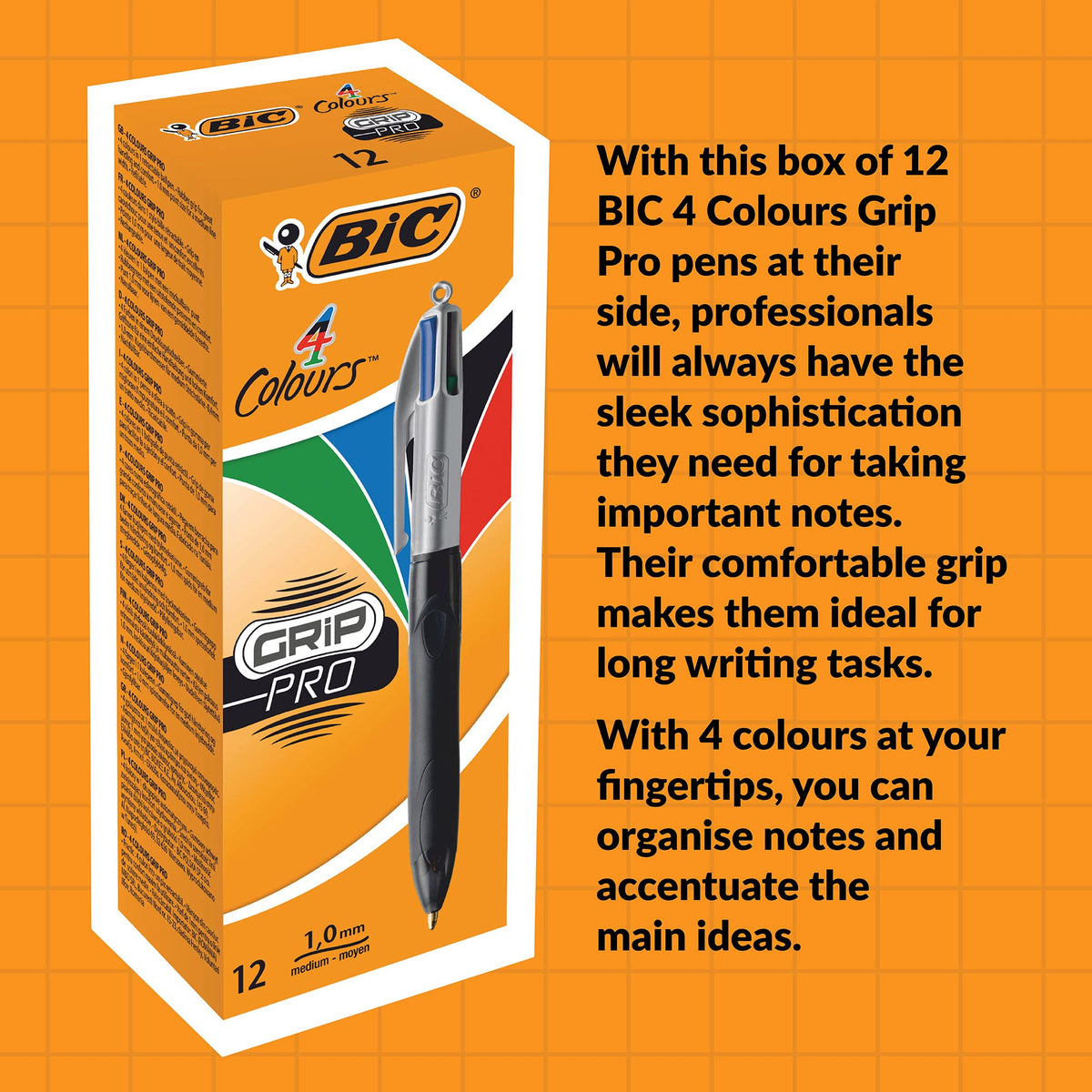 BIC 4 Colours Grip Pro Retractable Medium Point (1.0 mm) Ballpoint Pens, 12 Pens and Each Pen Contains 4 Colours