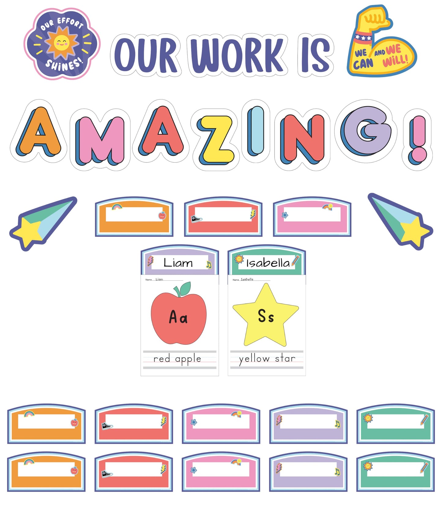 Carson Dellosa Pre-Punched We Stick Together 45-Piece Our Work is Amazing Bulletin Board Set, Student Work Display Headers, Shooting Stars, Motivational Cutouts for Bulletin Board and More