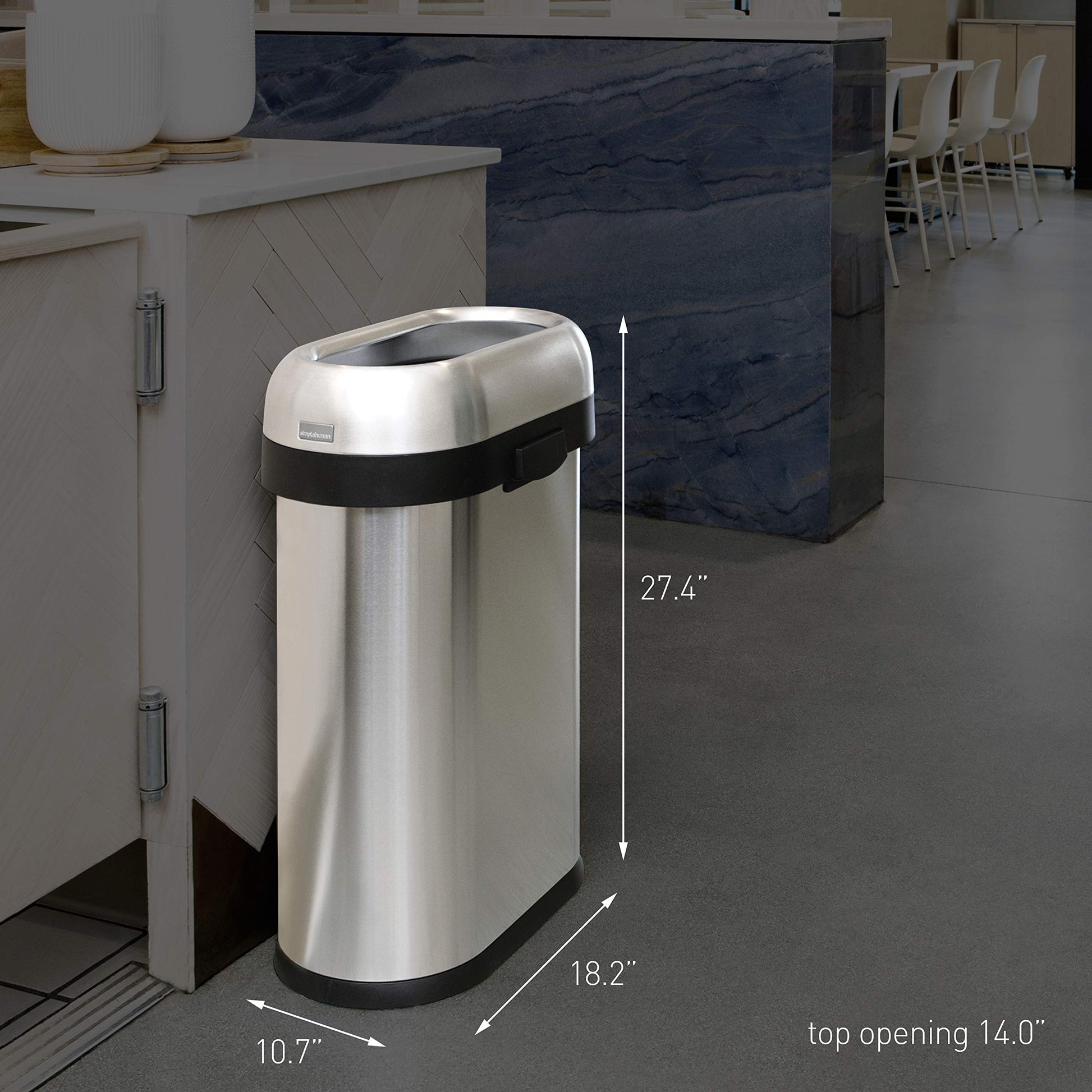 simplehuman 50 Liter / 13.2 Gallon Slim Open Top Trash Can, Commercial Grade Heavy Gauge Brushed Stainless Steel