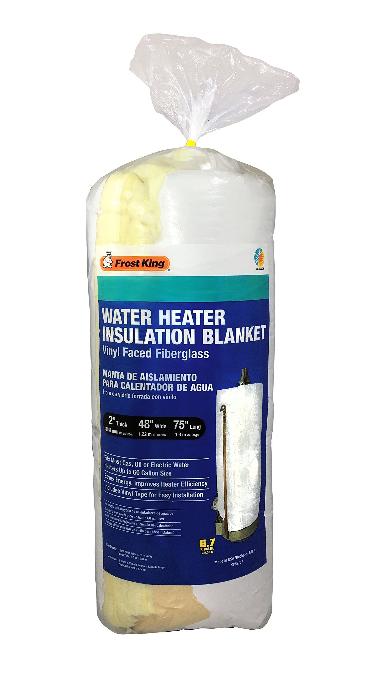 Frost King SP57/67 All Season Water Heater Insulation Blanket, 2" Thick x 48" x 75", R6.7
