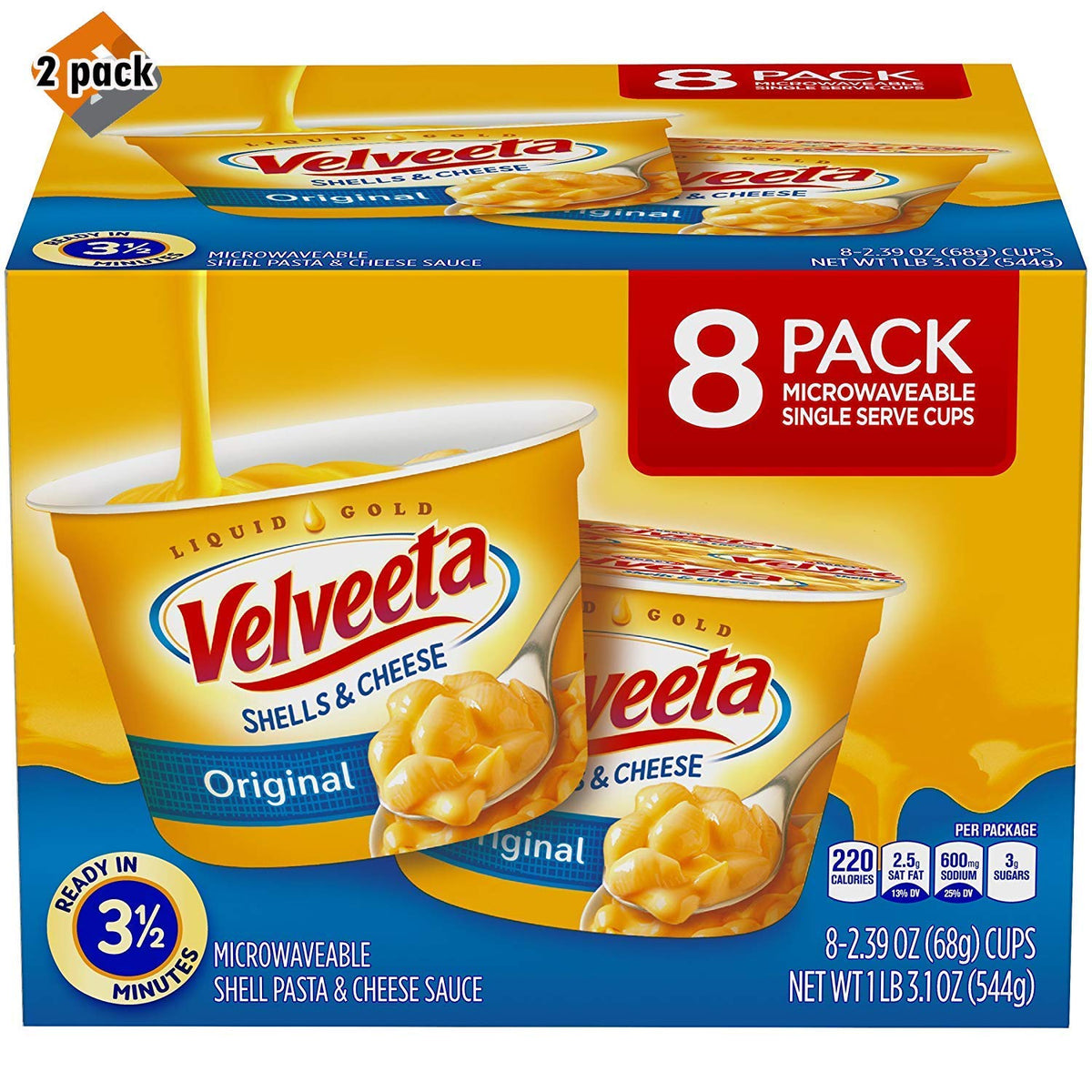 Velveeta Shells & Cheese Pasta, Original, Single Serve Microwave Cups, 8Count 2 Pack