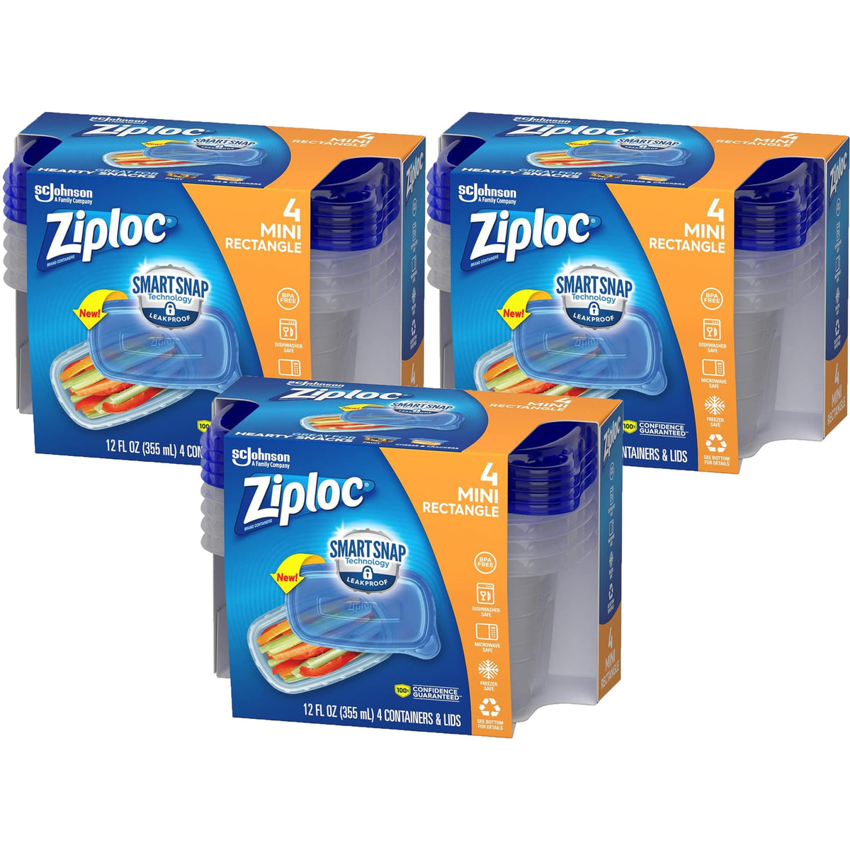 Ziploc Container, Medium Rectangle, 1.5 Cups, 4 Count (Pack of 3), Clear, HSWE-027932