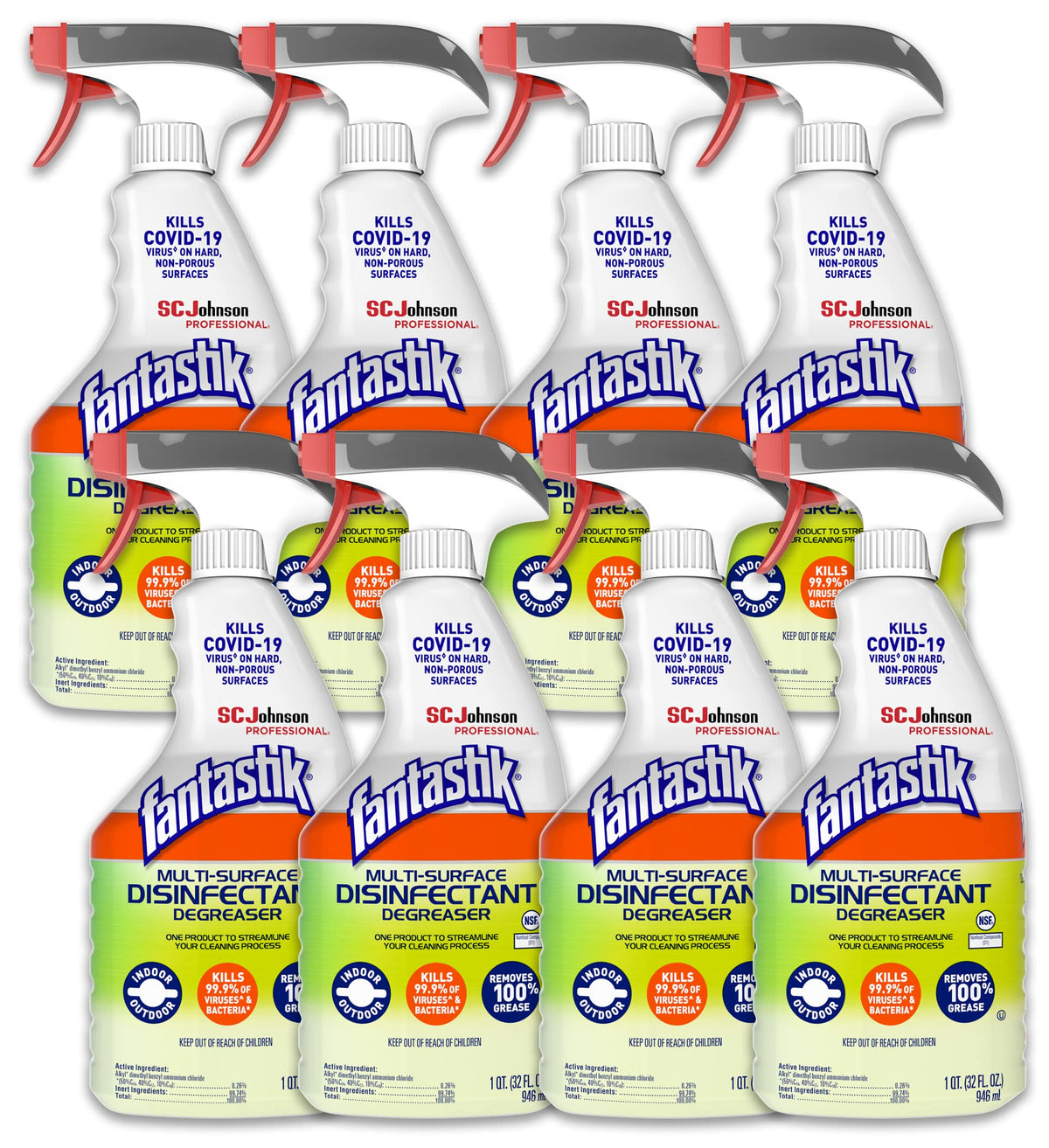 SC Johnson Professional, Fantastik Multi-Surface Cleaner & Disinfectant Spray Bottle, 32 Oz, Pack of 8