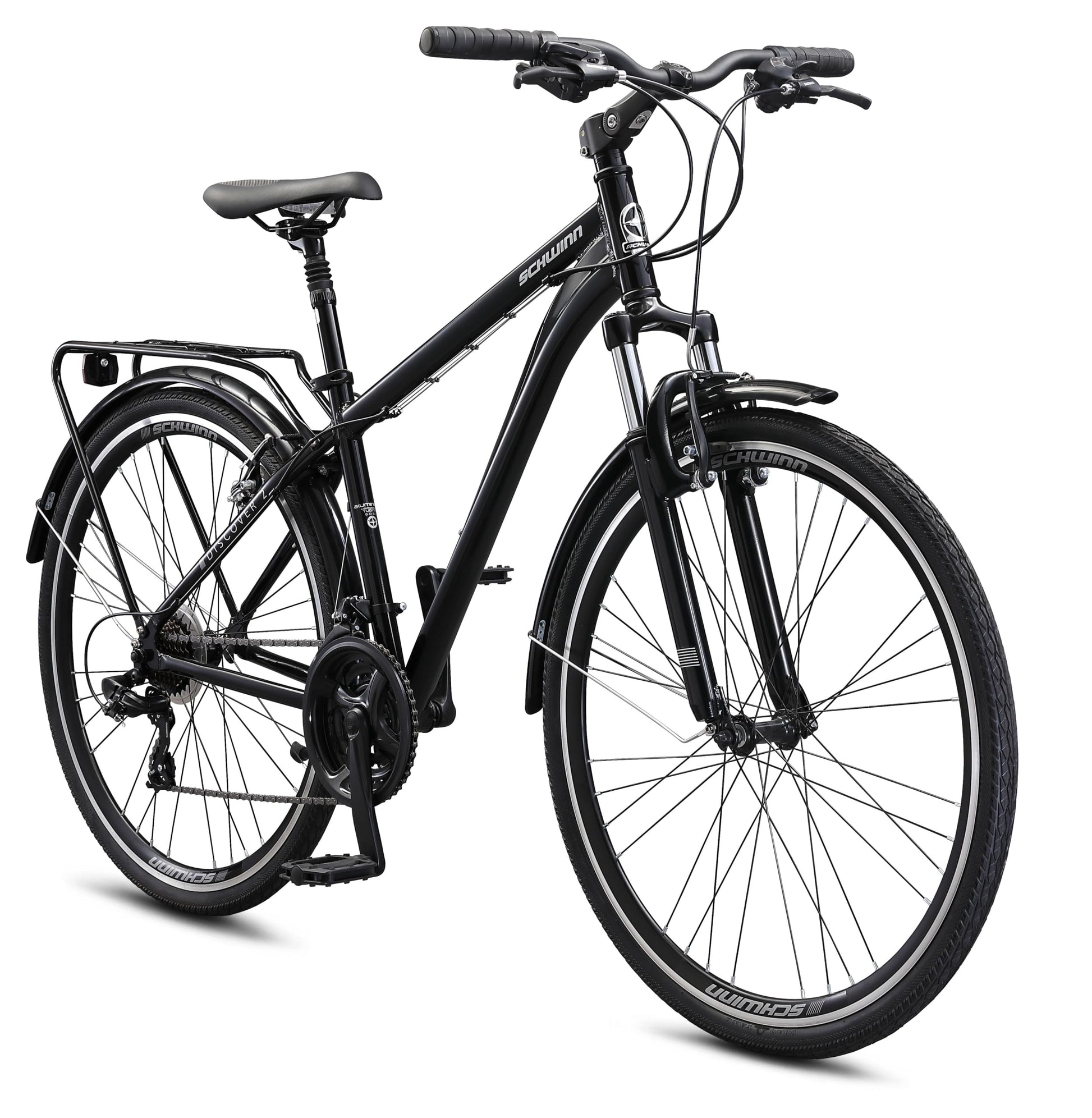 Schwinn Discover 2 Adult Hybrid Bike for Men and Women, 700c Wheels, 21-Speeds, 17-Inch Step-Over Frame, Front and Rear Fenders, Rear Cargo Rack, Black