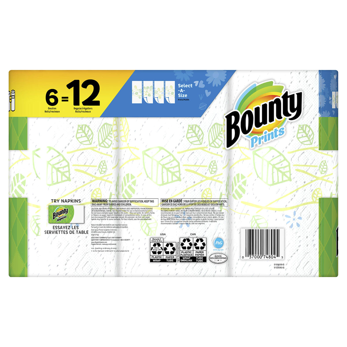 Bounty Select-A-Size Paper Towels, Print, 6 Double Rolls = 12 Regular Rolls