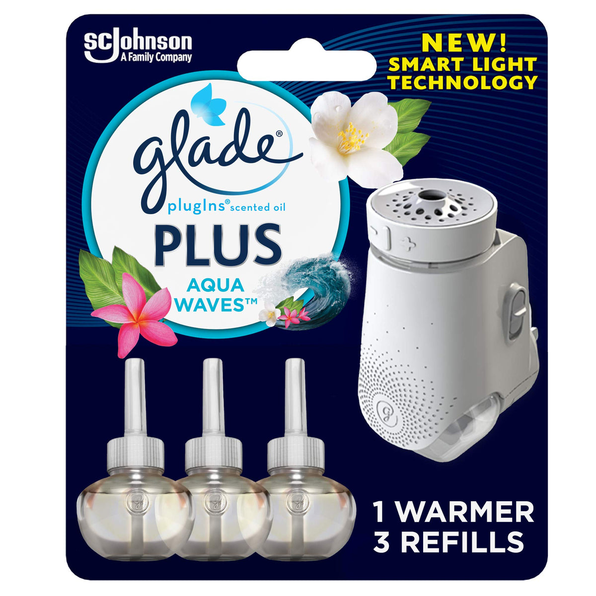 Glade PlugIns Plus Refills Air Freshener Starter Kit, Aqua Waves, Scented and Essential Oils for Home and Bathroom, 0.67 Fl Oz, 1 Warmer + 3 Refills