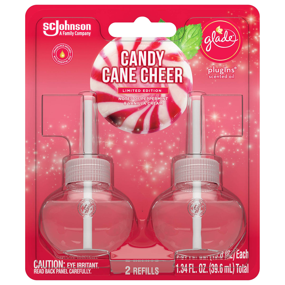 Glade PlugIns Refills Air Freshener, Scented and Essential Oils for Home and Bathroom, Candy Cane Cheer, 1.34 Fl Oz, 2 Count