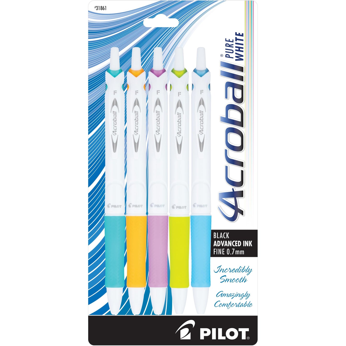 PILOT Acroball PureWhite Advanced Ink Refillable & Retractable Ball Point Pens with Turquoise/Orange/Purple/Lime/Blue Accents, Fine Point, Black Ink, 5-Pack (31861)