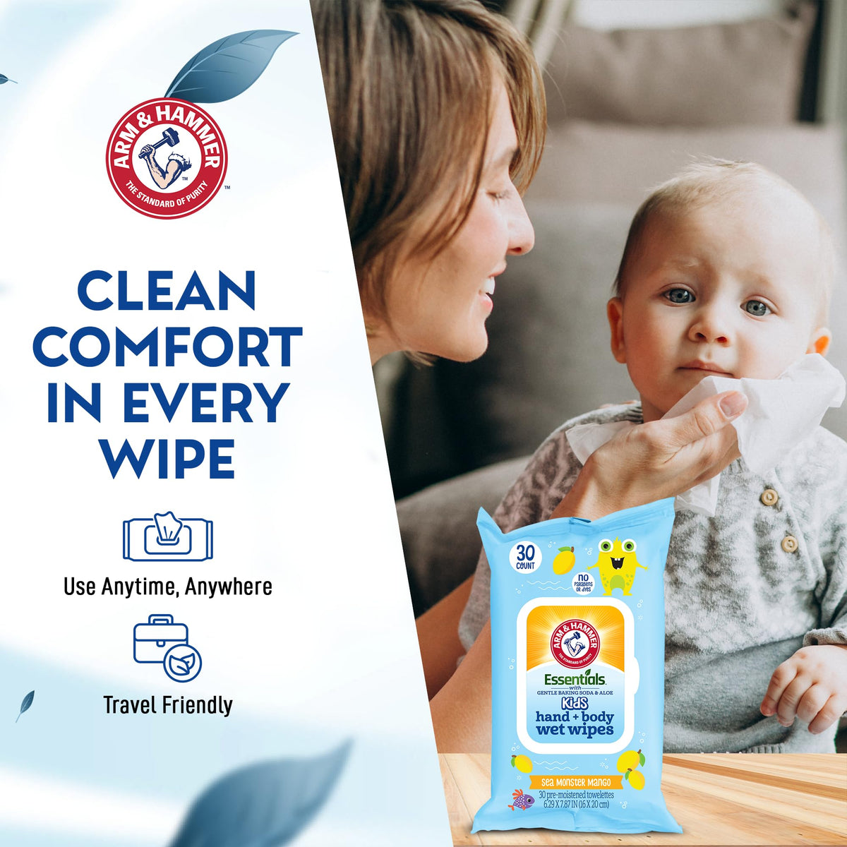 Sea Monster Mango Baby Wipes - 30 Count Travel Friendly Face & Body Wet Wipes - 1 Flip-Top Pack of Towelettes Infused with Aloe Vera & Chamomile