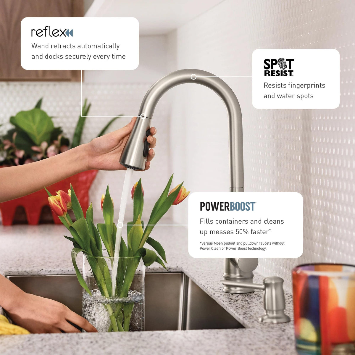 Moen Weymouth Spot Resist Stainless Shepherd's Hook Pulldown Kitchen Faucet Featuring Metal Wand with Power Boost, S73004SRS