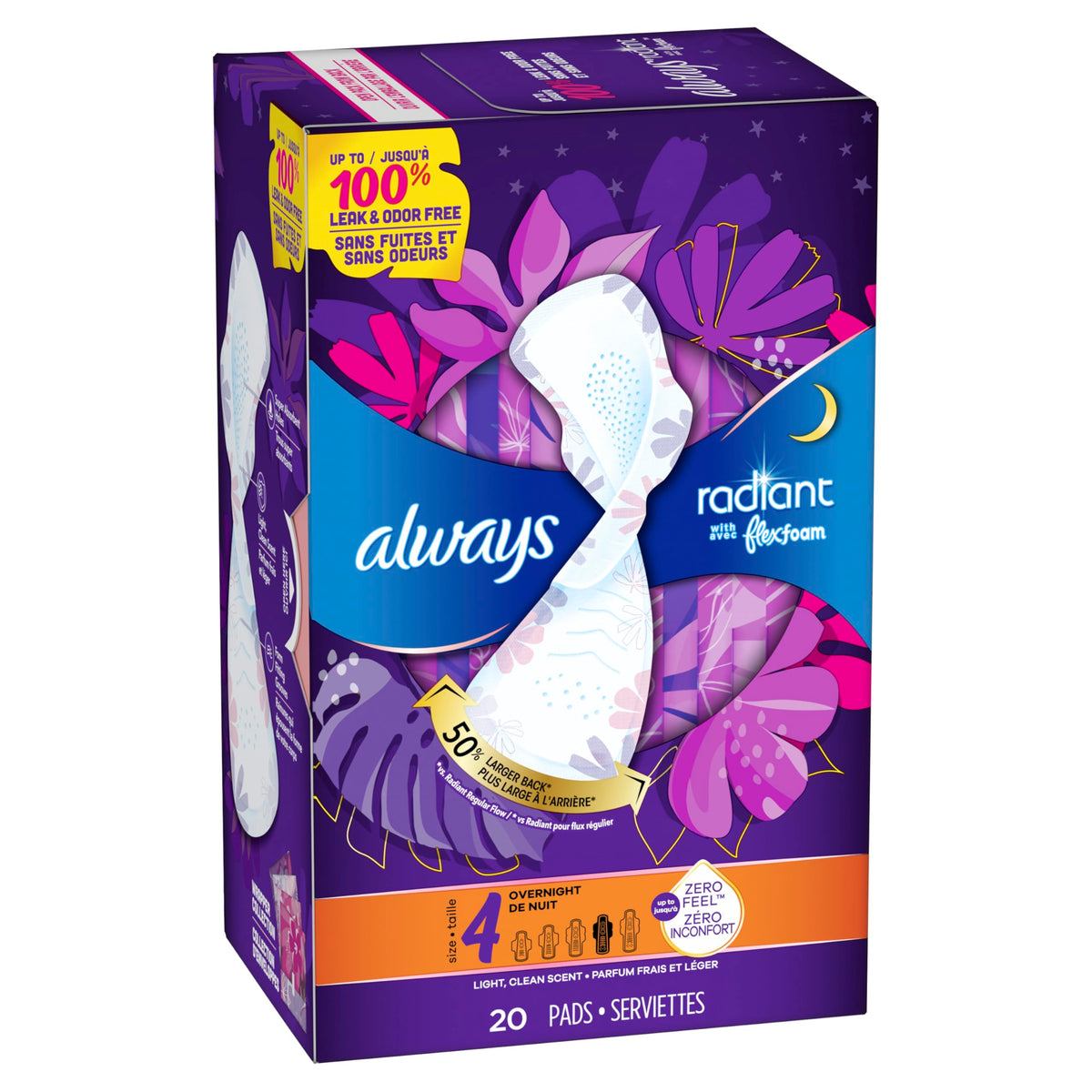 Always Radiant Pads, Size 4, Overnight Absorbency, Scented, 20 Count
