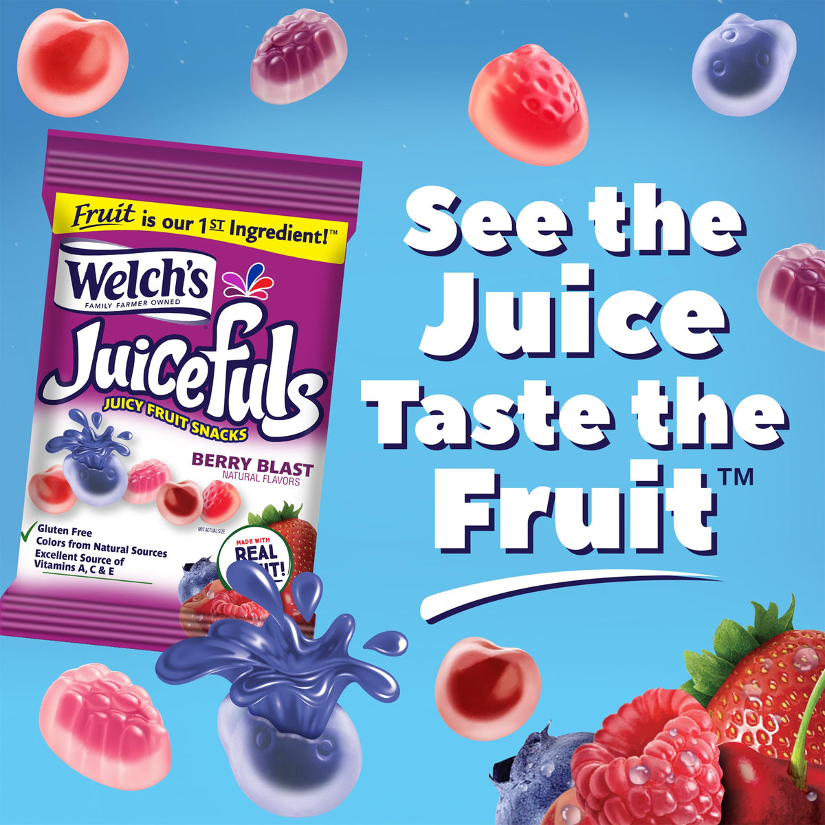 Welch's Juicefuls Juicy Fruit Snacks, Berry Blast, Fruit Gushers, Gluten Free, 4 oz Sharing Size Bags (Pack of 6)