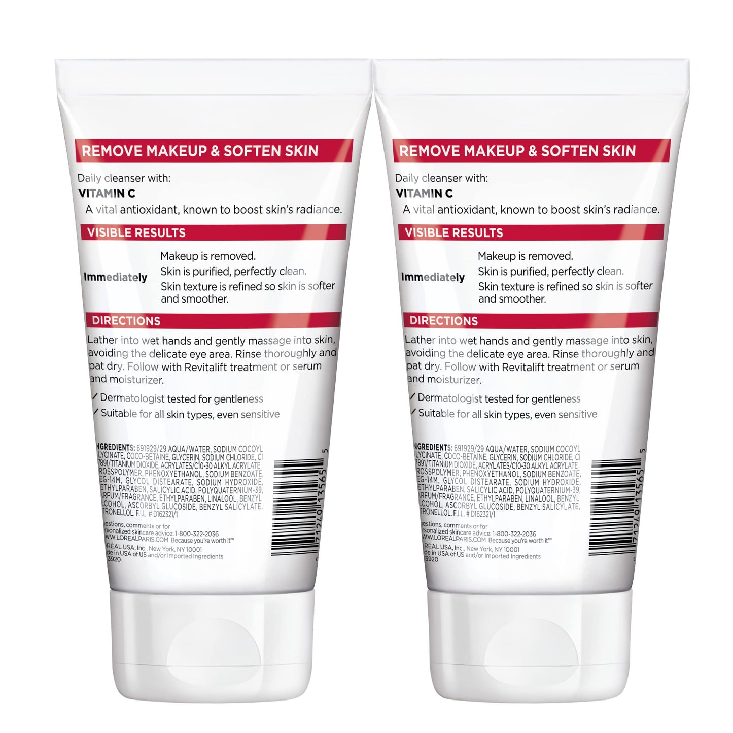 L'Oreal Paris Revitalift Daily Cream Cleanser, Gentle Makeup Remover Face Wash with Vitamin C 5 fl. oz (Pack of 2)