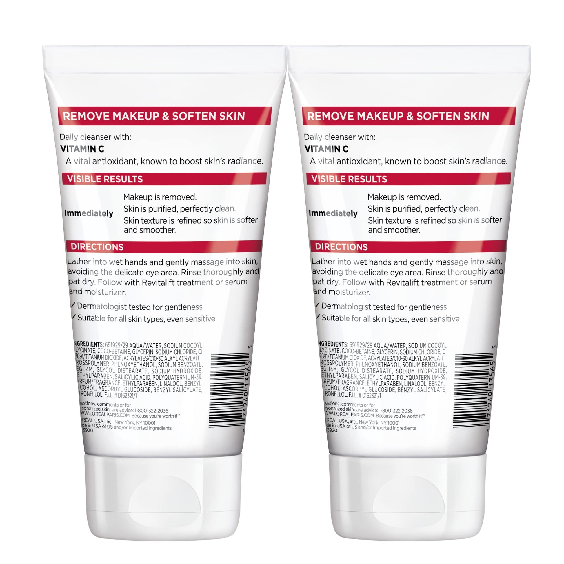 L'Oreal Paris Revitalift Daily Cream Cleanser, Gentle Makeup Remover Face Wash with Vitamin C 5 fl. oz (Pack of 2)