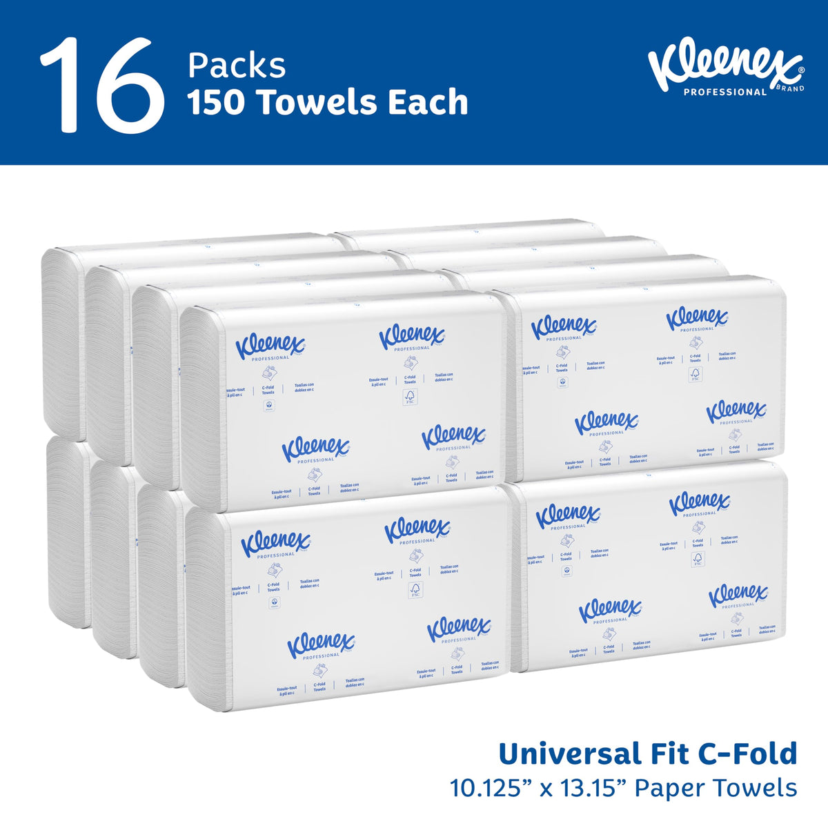 Kleenex Professional C-Fold Folded Paper Towels, Bulk (01500), Absorbent, White (150 Sheets/Pack, 16 Packs/Case, 2,400 Sheet Total)