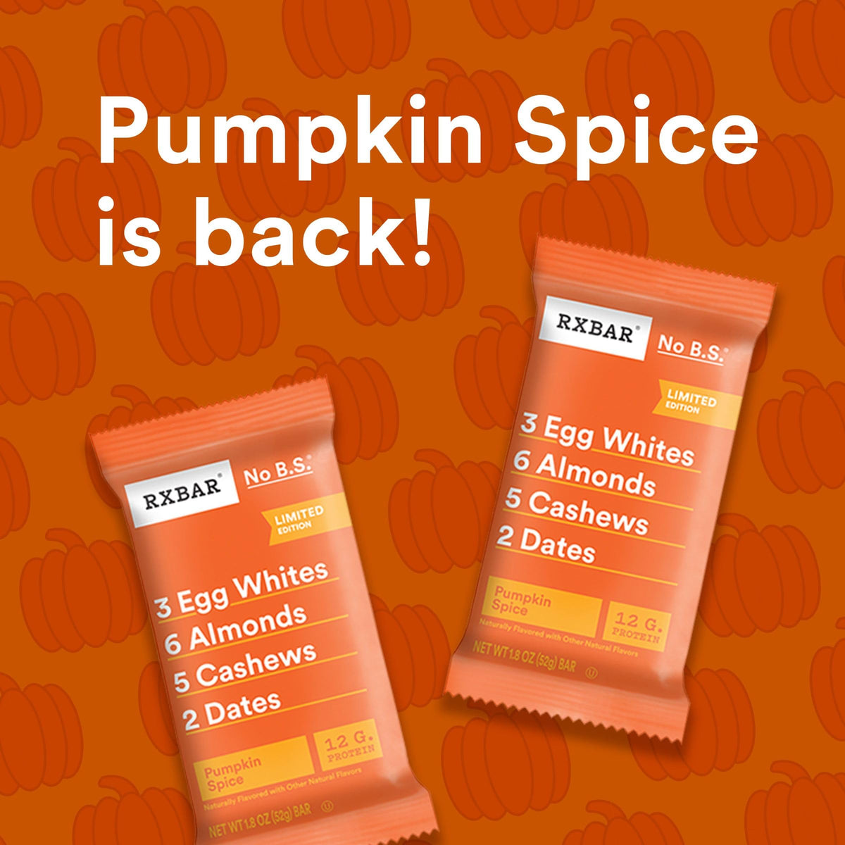 RXBAR Protein Bars, Protein Snack, Snack Bars, Pumpkin Spice, 22oz Box (12 Bars)