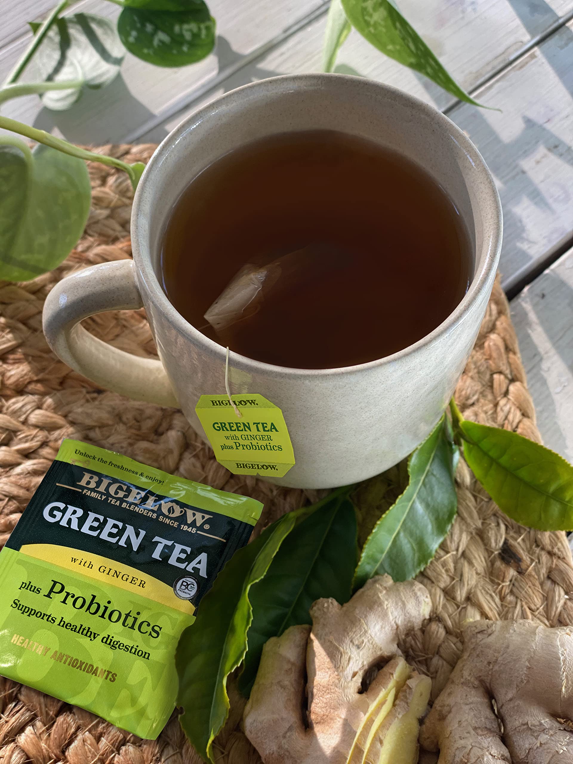 Bigelow Tea Green Tea with Ginger Plus Probiotics, Caffeinated Tea with Ginger, 18 Count Box, (Pack of 6), 108 Total Tea Bags