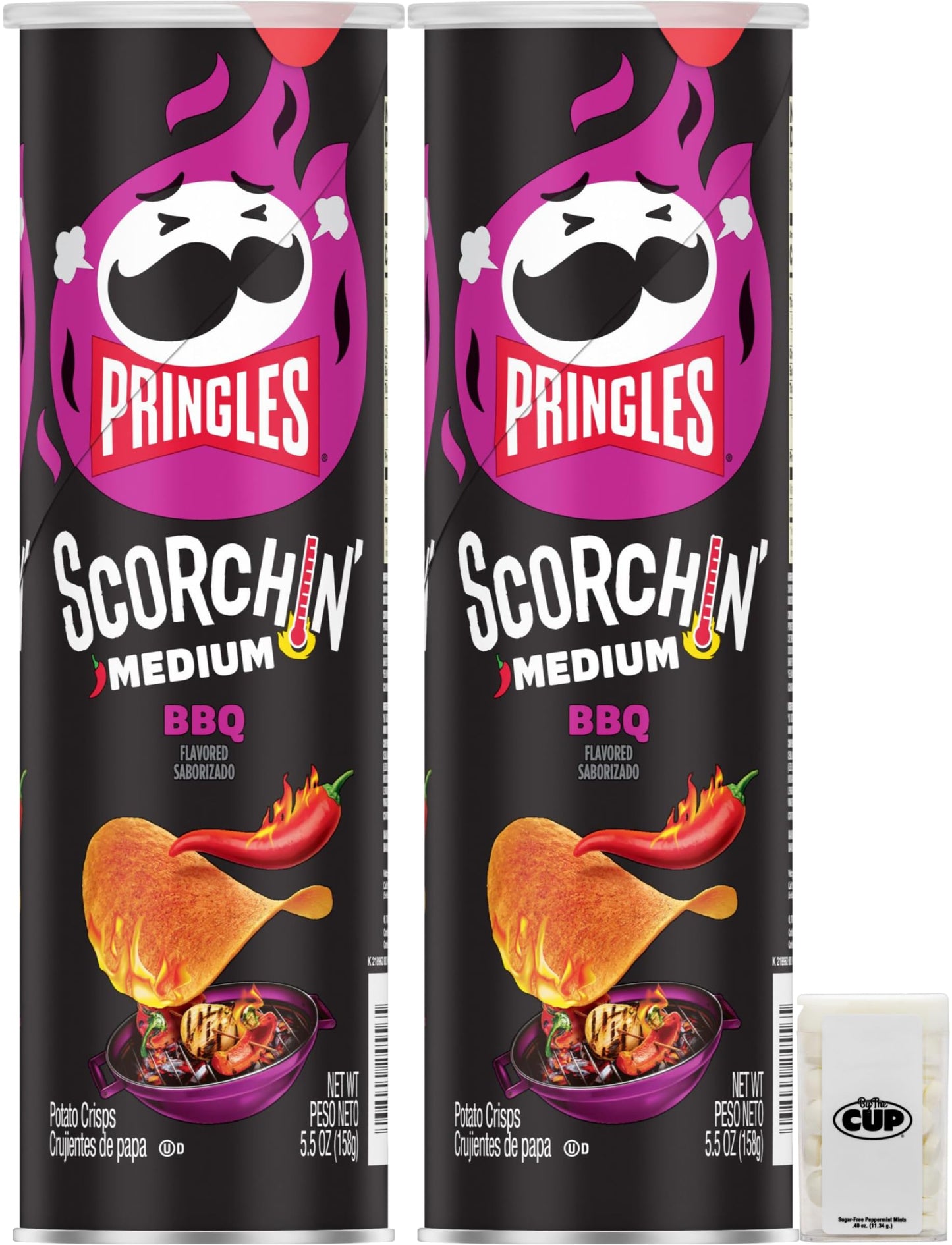 Pringles Scorchin' BBQ Potato Crisps, 5.5 oz (Pack of 2) with By The Cup Mints