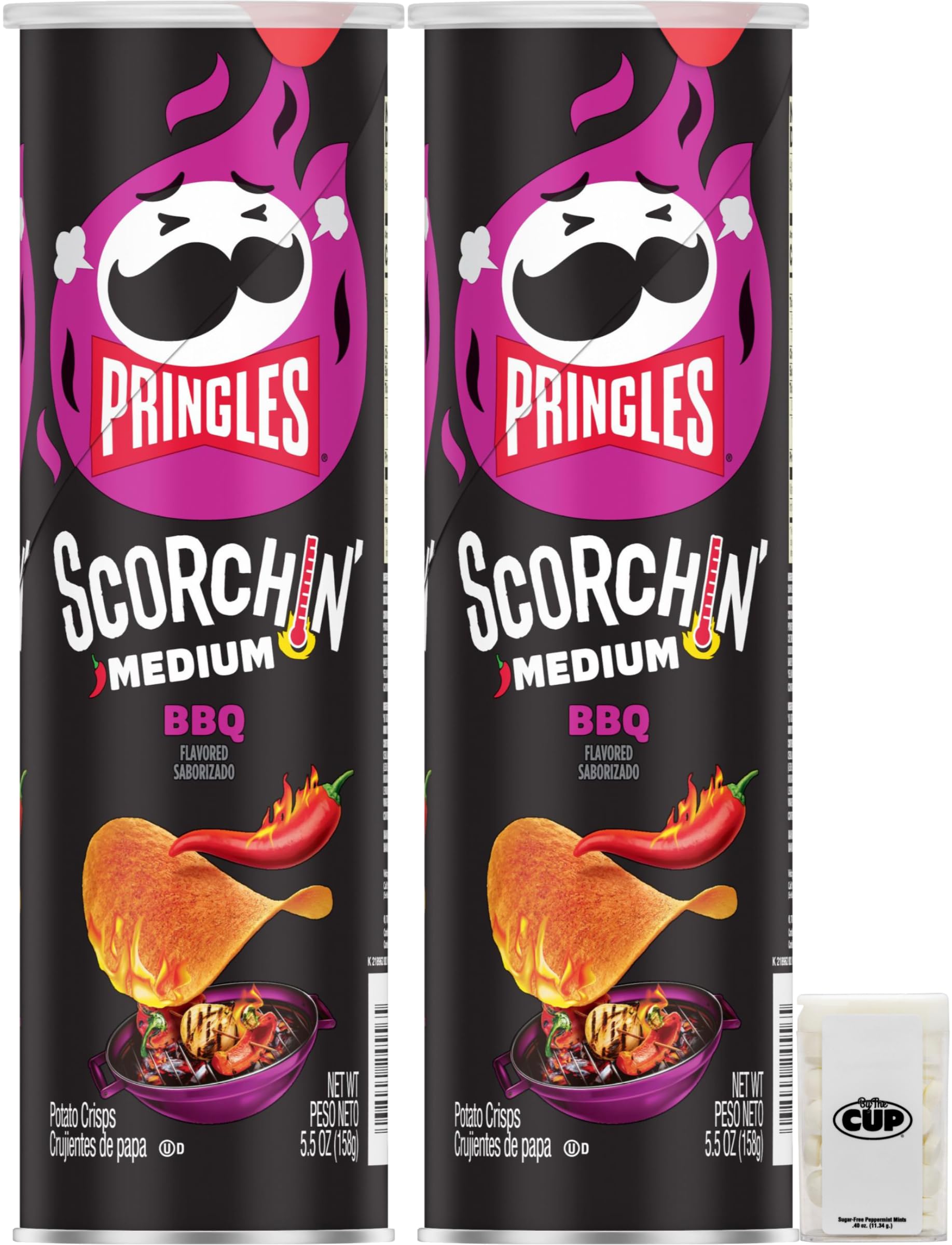 Pringles Scorchin' BBQ Potato Crisps, 5.5 oz (Pack of 2) with By The Cup Mints