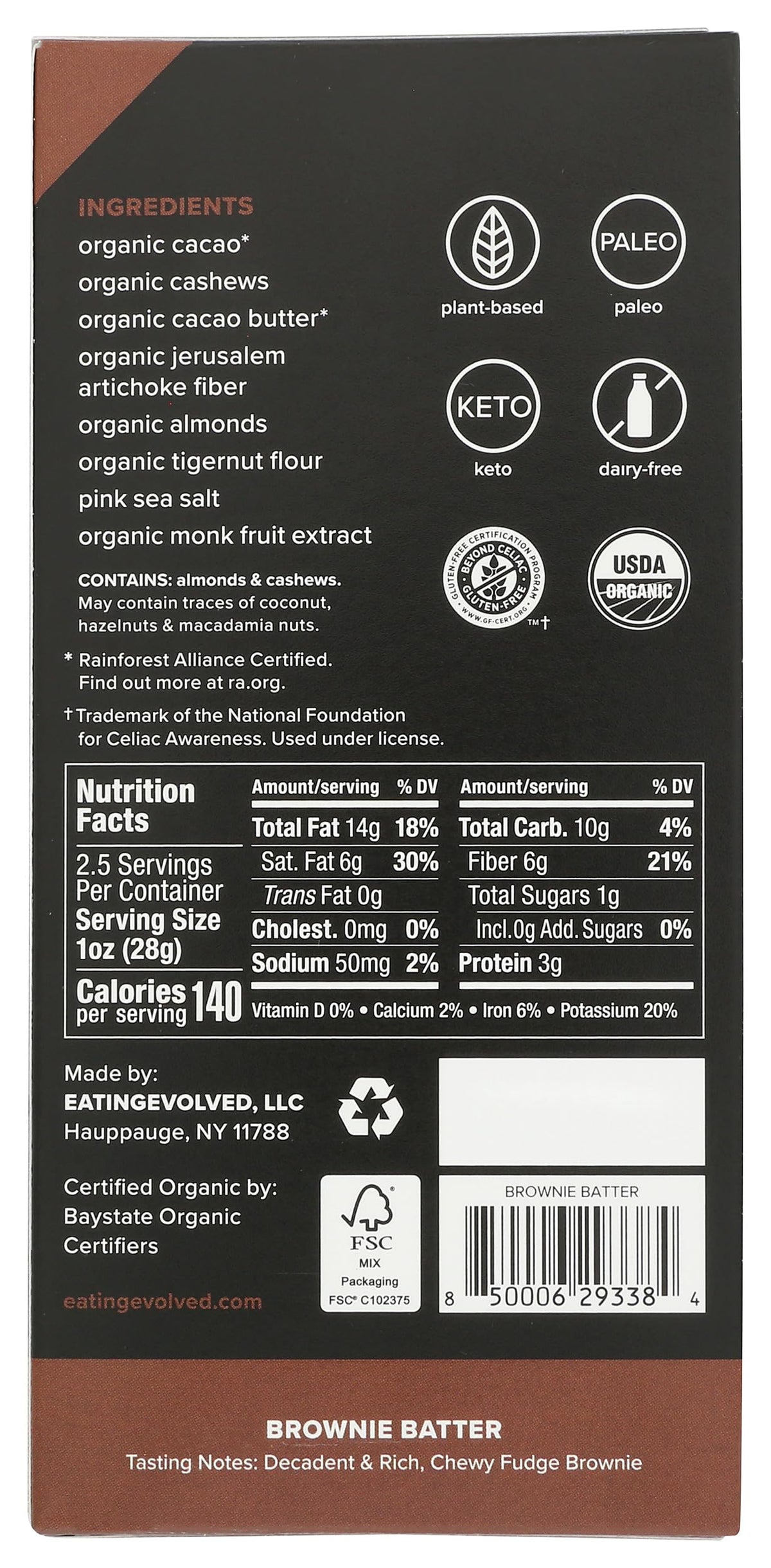 Evolved Organic Brownie Batter Filled Dark Chocolate Bar, 2.5 Oz