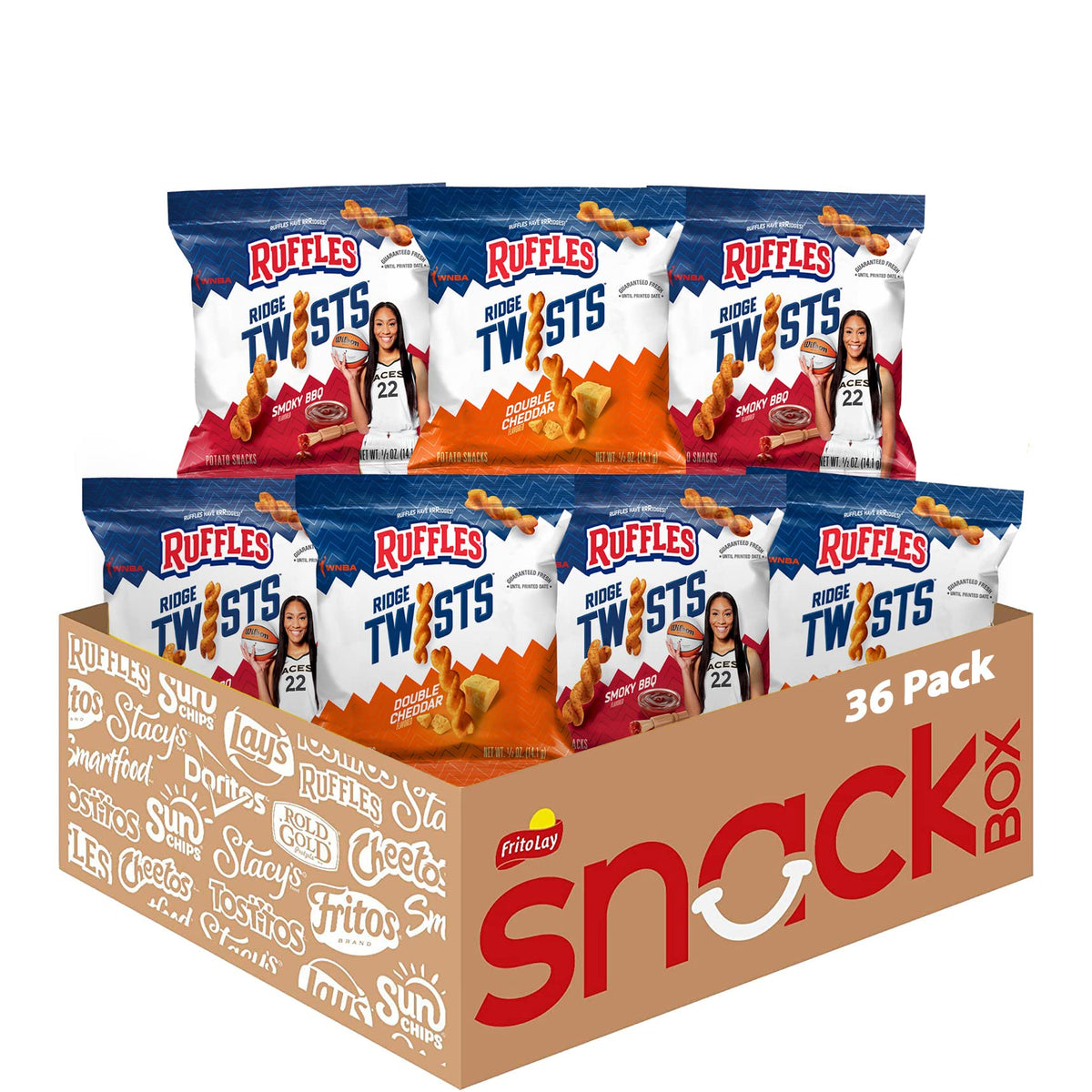 Ruffles Ridge Twists, Smoky BBQ & Double Cheddar flavor Variety Pack, 36 Count