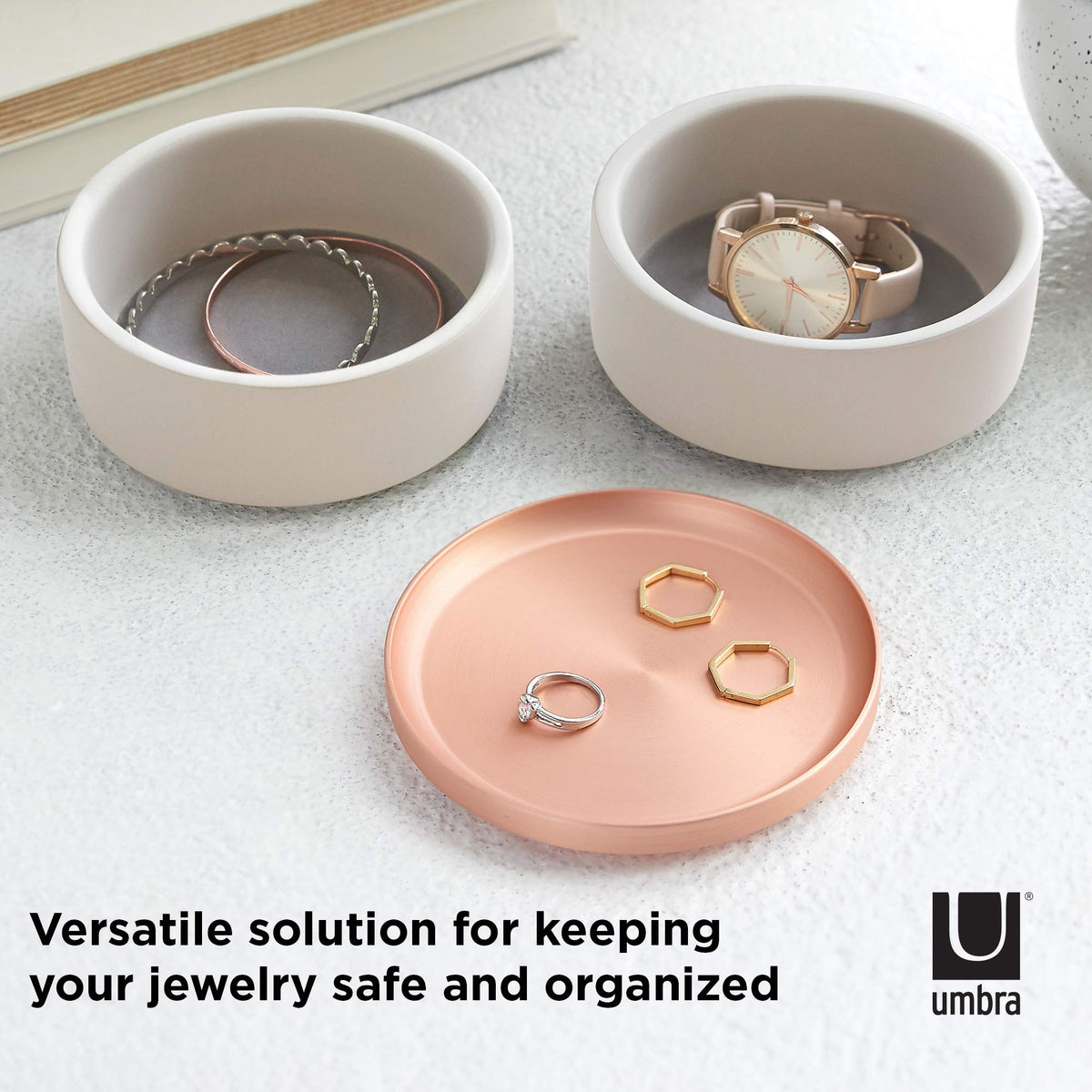 Umbra Tesora Jewelry Box, Two-Tier Resin Storage Container with Removable Lid, Concrete/Copper