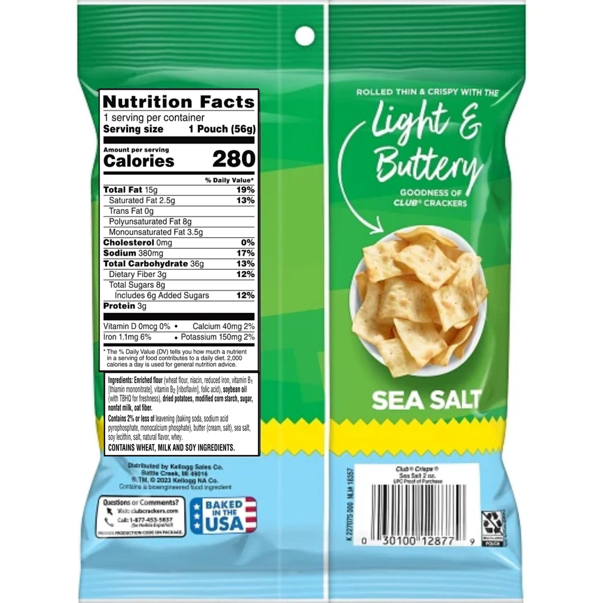 Kellogg's Club Crisp Sea Salt, 2 oz (Pack of 3) with By The Cup Bag Clip