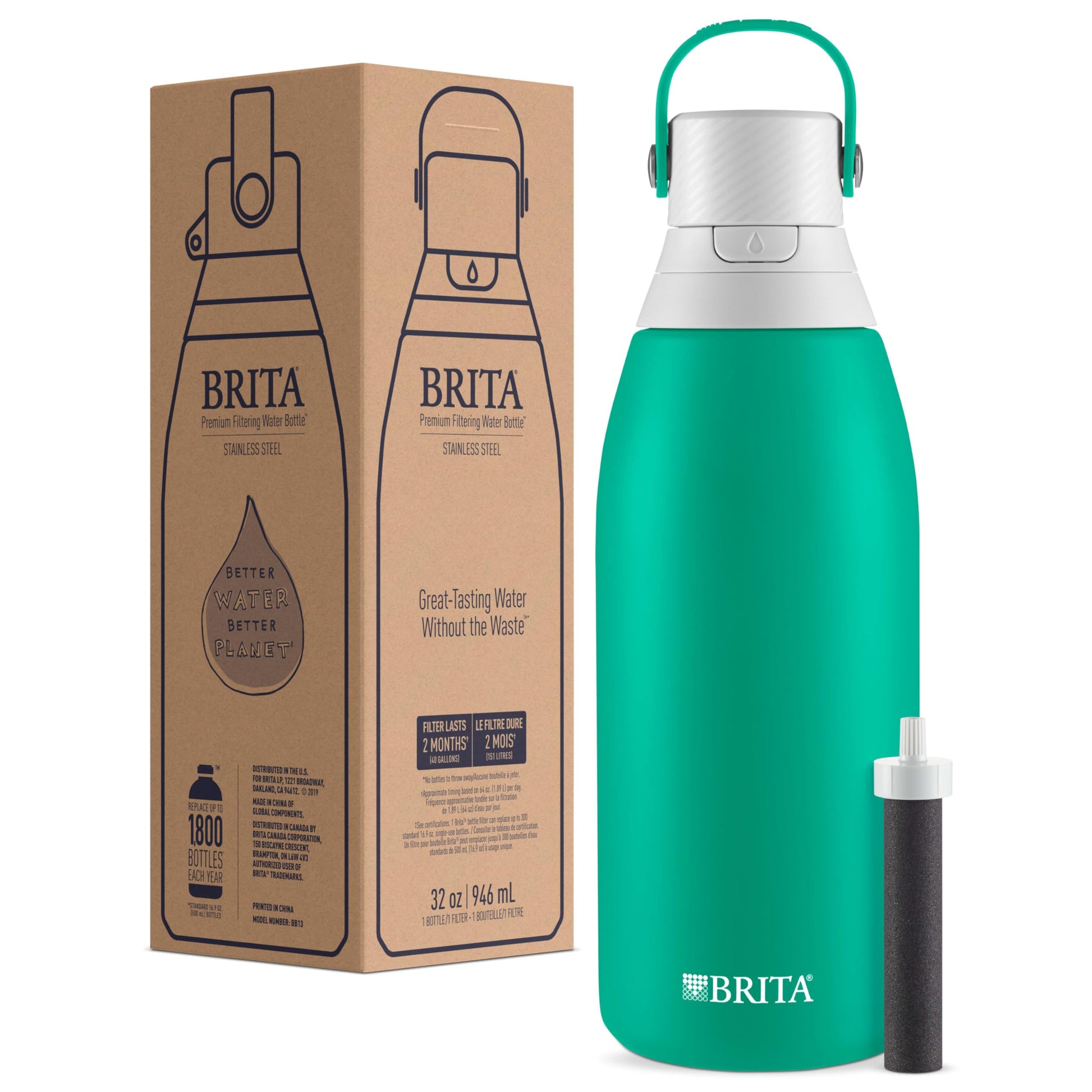 Brita Insulated Filtered Water Bottle with Straw, Reusable, Stainless Steel Metal, Jade, 32 Ounce