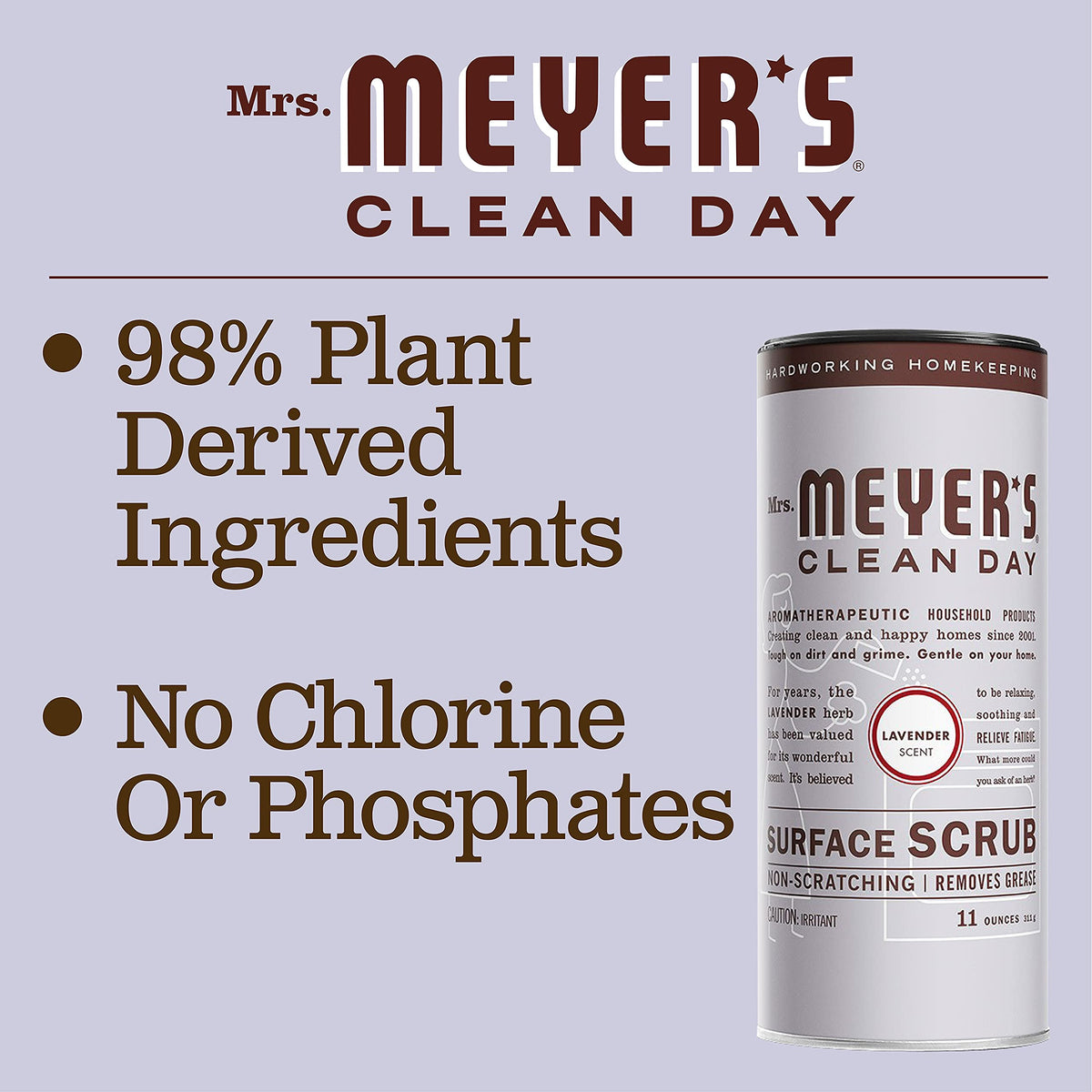 MRS. MEYER'S CLEAN DAY Multi-Surface Scrub, Non-Scratch Powder Cleaner, Removes Grime on Kitchen and Bathroom Surfaces, Lavender, 11 oz