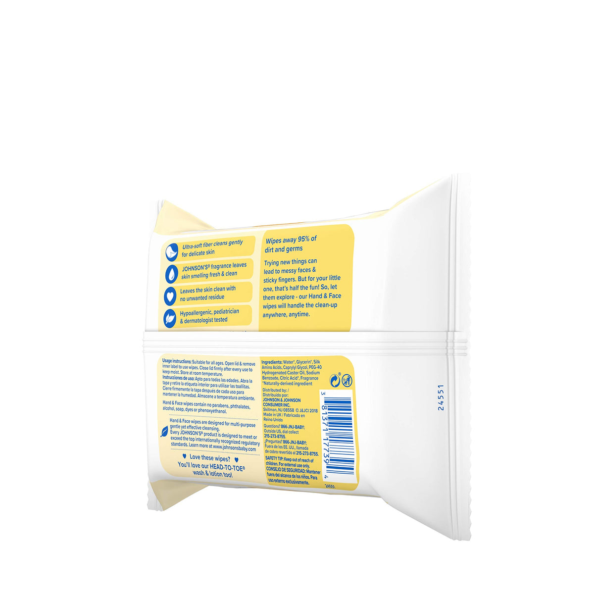 JOHNSON'S Hand & Face Wipes 25 Each (Pack of 7)