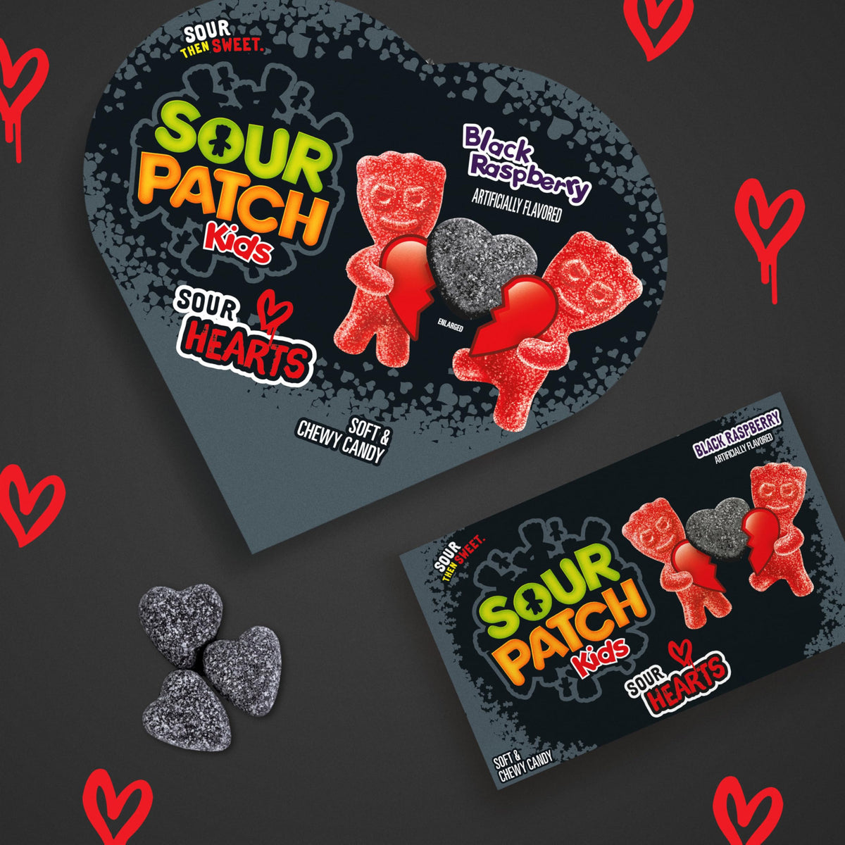 SOUR PATCH KIDS Sour Hearts Black Raspberry Soft & Chewy Candy, Valentines Day Candy, Bulk Candy, 12 - 3.08 oz Boxes