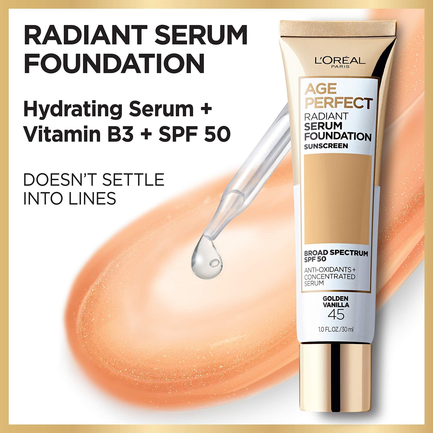 L'Oreal Paris Age Perfect Radiant Serum Foundation with SPF 50, Hazelnut, 1 Ounce