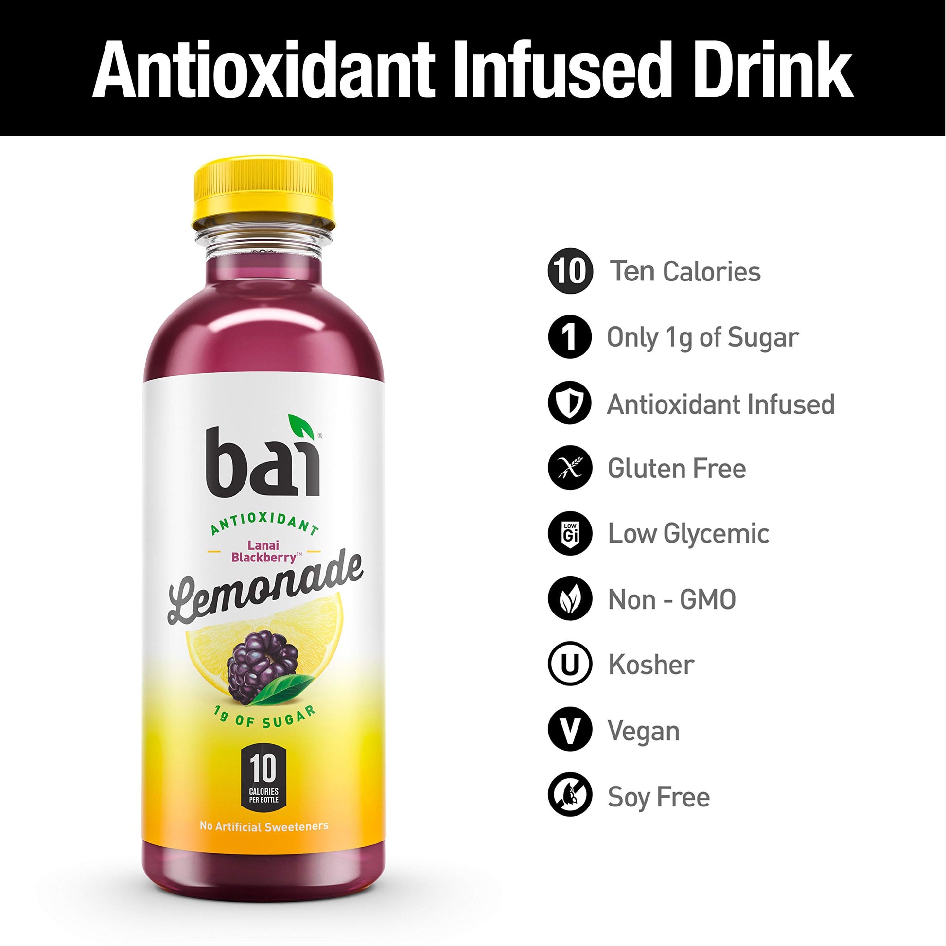Bai Flavored Water, Lanai Blackberry Lemonade, Antioxidant Infused Drinks, 18 Fluid Ounce Bottles, 12 Count