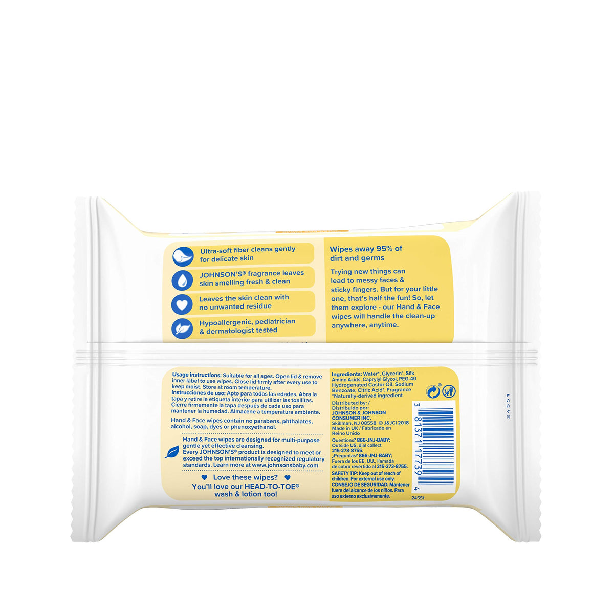 JOHNSON'S Hand & Face Wipes 25 Each (Pack of 7)